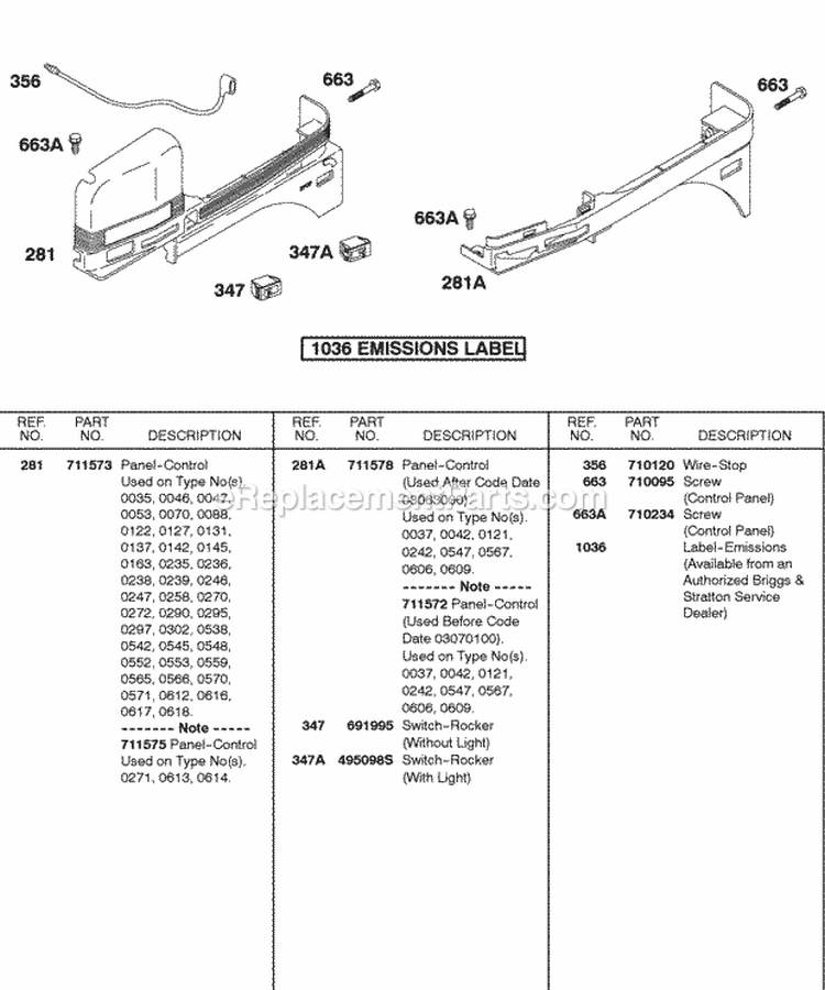 Control Panel Diagram and Parts List for  Briggs and Stratton Engine